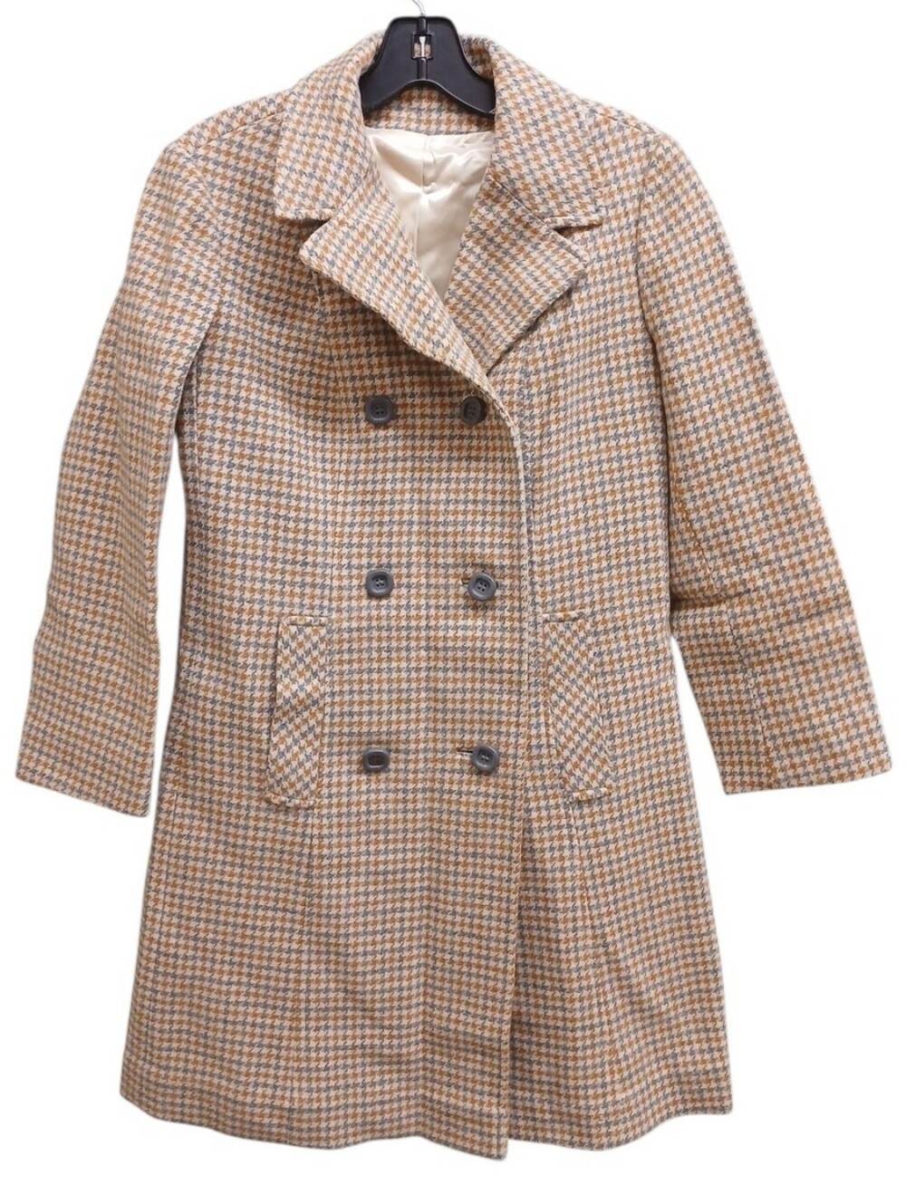 Vintage Corner House Wool Tan Cream Houndstooth Double-Breasted Pea Coat Size 6